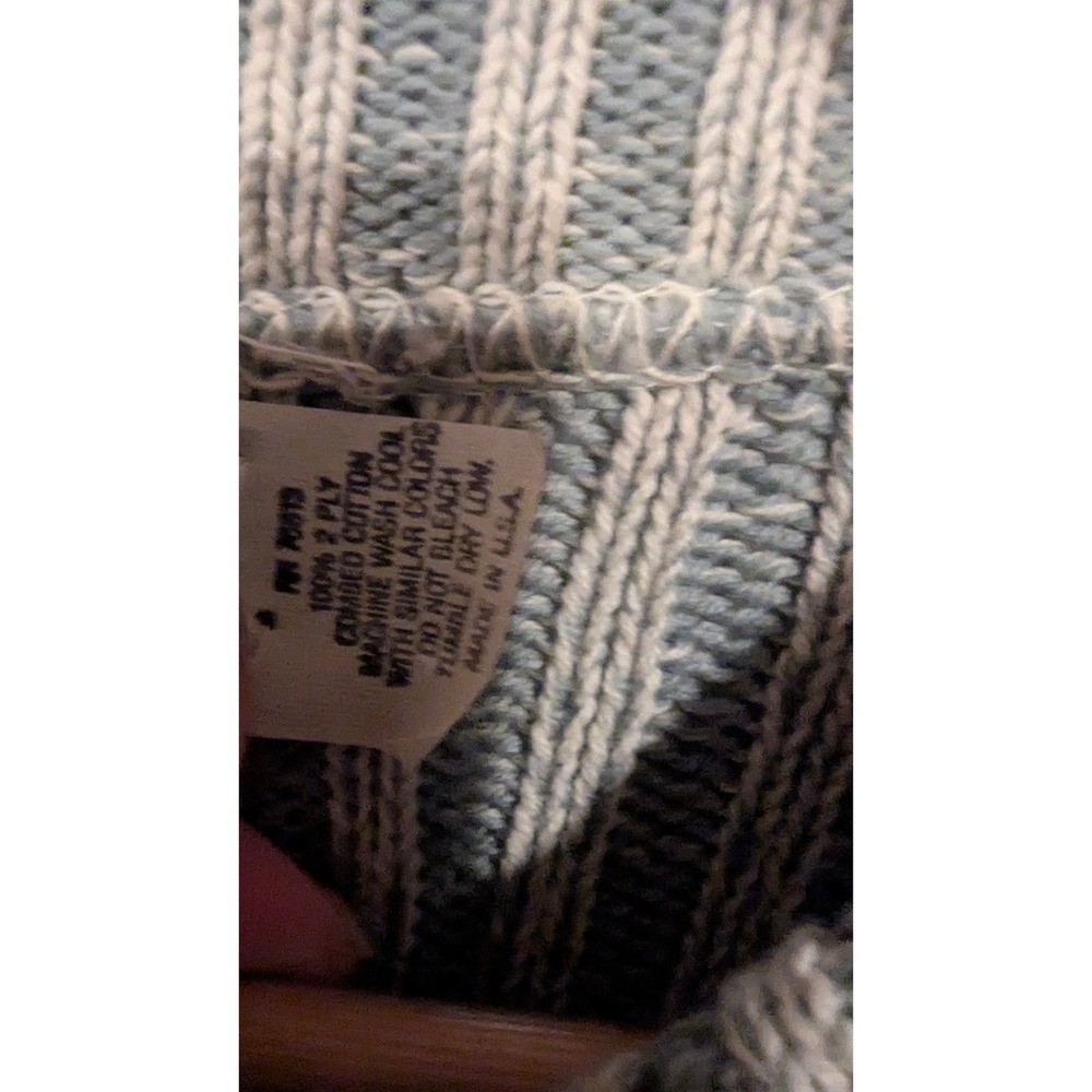 Vintage 80s Deadstock Sweater LG Blue Geometric Ribbed Knit Cotton Made in USA - Picture 7 of 8
